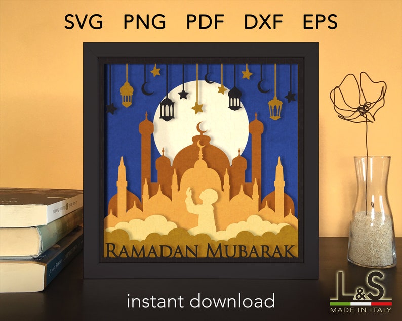 Layered shadowbox design for Ramadan with boy praying. This Islamic shadow box svg template includes SVG, PNG, PDF, DXF and EPS files for cutting machines and laser cut. Size 8x8 inches.