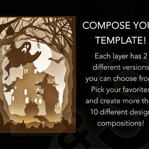 3D light shadow box design for Halloween. This Halloween light box template includes SVG, PNG, PDF, DXF and EPS files for cutting machines and laser cut and can be composed to obtain many different Halloween shadowbox designs. Size 8x10 inches.