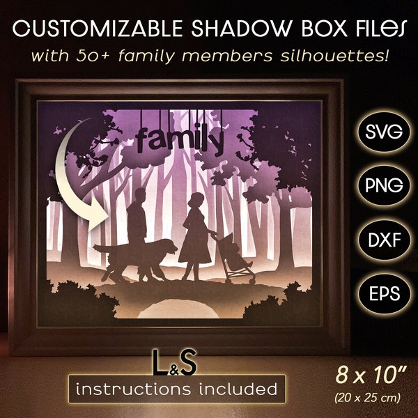 Anpassbare Familie Schatten Box mit Haustieren, geschichteter Hund Schattenbox, Paar Light Box SVG, 3D Lightbox Vorlage, Familienportrait svg