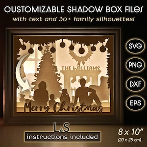 Plantilla personalizable de Family Shadow Box svg, diseño de caja de sombras de Navidad, caja de luz personalizada svg, caja de sombras iluminada, archivo Lightbox svg