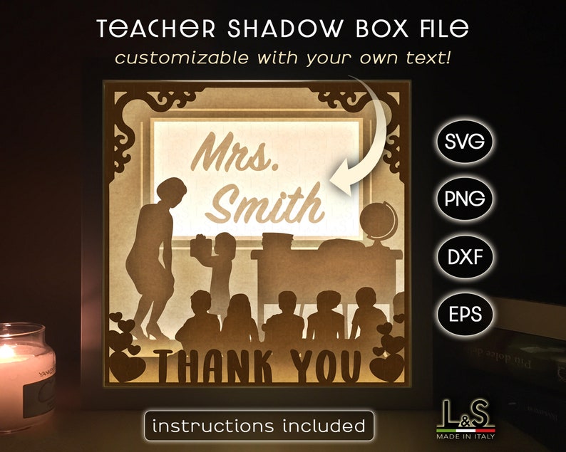 3D light shadow box design with female teacher and little girl. This customizable teacher light box template includes SVG, PNG, PDF, DXF and EPS files for cutting machines and laser cut. Size 8x8 inches.