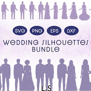 結婚式のシルエット SVG ファイル、結婚式のクリップアートの白黒、記念日のクリップアートのバンドル、結婚式のカップルの SVG、カスタムのカップルのポートレート PNG
