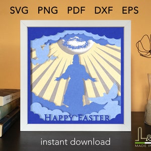 Layered shadow box design with Jesus resurrection and doves at sunrise. This Easter shadowbox svg template includes SVG, PNG, PDF, DXF and EPS files for cutting machines and laser cut. Size 8x8 inches.