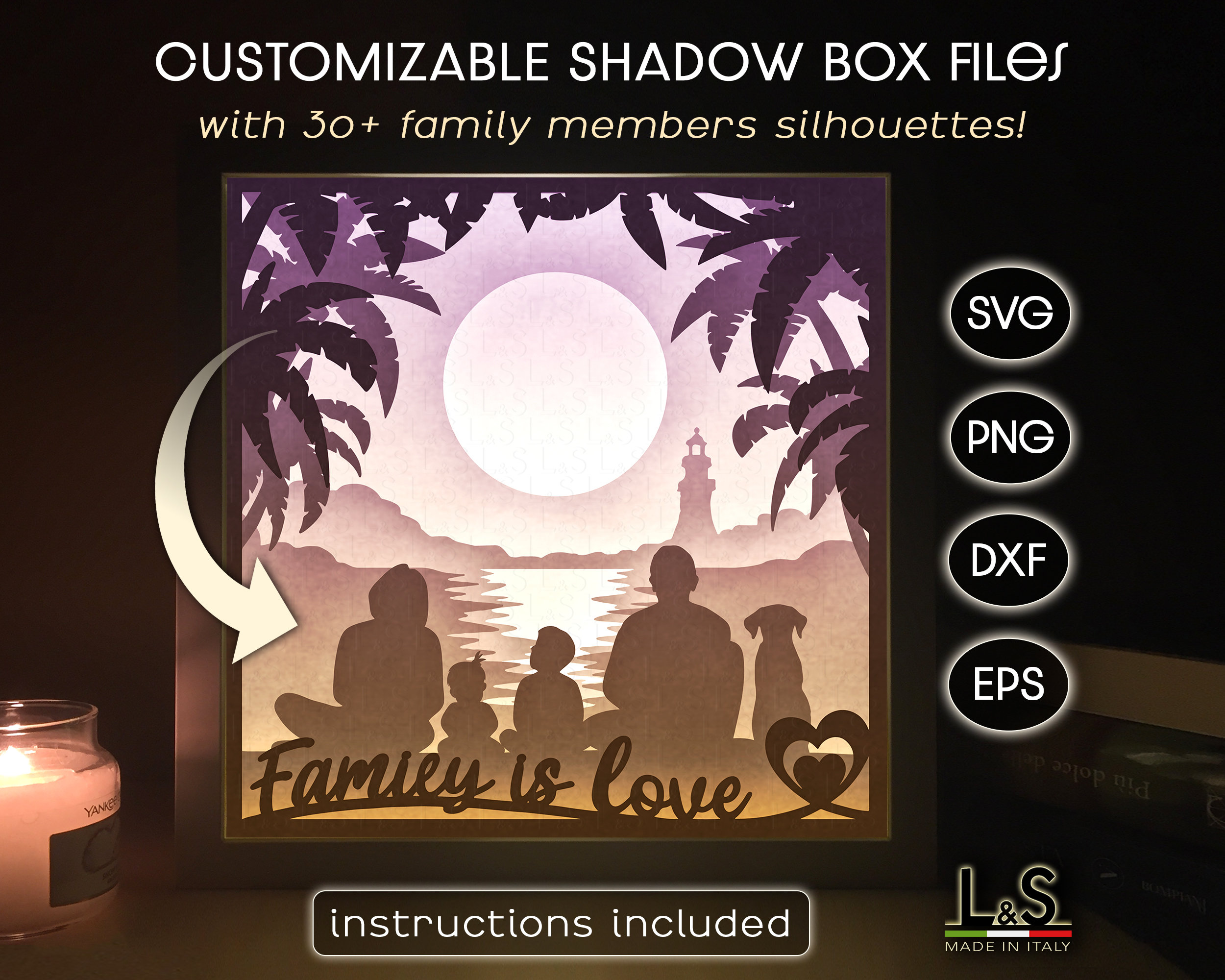Customizable Family Shadow Box Svg Cricut, Beach Shadowbox, Lightbox Svg, Personalized Family Portrait Svg, Paper Cut Light Box Template