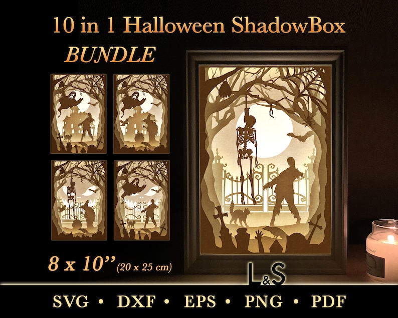 3D Halloween shadow box design bundle. This Halloween light box template bundle includes SVG, PNG, PDF, DXF and EPS files for cutting machines and laser cut and can be composed to obtain more than 10 different Halloween designs. Size 8x10 inches.