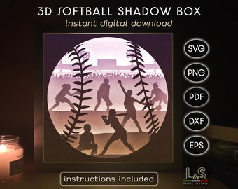 May include: A digital download of a 3D shadow box design featuring a softball with players in silhouette. The design is available in SVG, PNG, PDF, DXF, and EPS formats. Instructions are included.