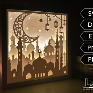 3D light box design for Ramadan. This Islamic shadow box template includes SVG, PNG, PDF, DXF and EPS files for cutting machines and laser cut. Size 8x8 inches.