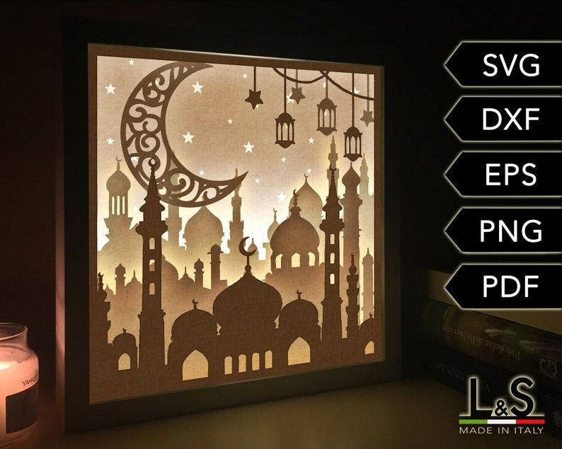 3D light box design for Ramadan. This Islamic shadow box template includes SVG, PNG, PDF, DXF and EPS files for cutting machines and laser cut. Size 8x8 inches.