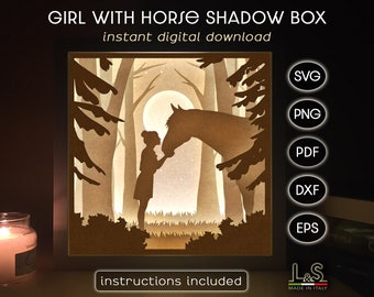 May include: A digital download of a shadow box design featuring a girl and a horse in a forest setting. The design is available in SVG, PNG, PDF, DXF, and EPS formats. Instructions are included.