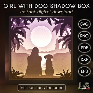 3D light shadow box design with girl and dog at the beach. This dog light box template includes SVG, PNG, PDF, DXF and EPS files for cutting machines and laser cut. Size 8x8 inches.