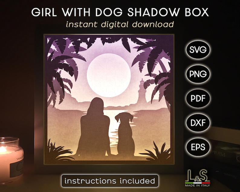 3D light shadow box design with girl and dog at the beach. This dog light box template includes SVG, PNG, PDF, DXF and EPS files for cutting machines and laser cut. Size 8x8 inches.