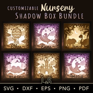 Pacchetto personalizzabile Baby Shadow Box SVG, arte 3D Nursery Shadowbox, Lightbox in carta tagliata SVG, modello Lightbox a strati, file tagliati al laser per bambini