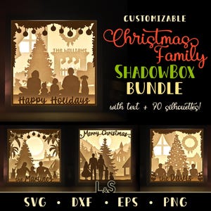 Anpassbare Familie Shadow Box svg Bundle, Weihnachts-Schattenbox Vorlage, Familien Portrait svg, Papierschnitt Light Box Laser-Datei, Lightbox svg
