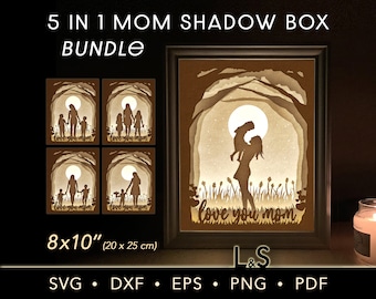 May include: A 5-in-1 shadow box craft bundle featuring a mom and child silhouette with the text "love you mom". The bundle includes five different designs, each measuring 8x10 inches (20x25 cm). The designs are available in SVG, DXF, EPS, PNG, and PDF formats.