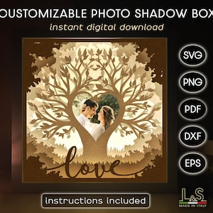 Customizable light shadow box design with heart tree. This love light box template is customizable with a photo. This couple shadow box includes SVG, PNG, PDF, DXF and EPS files. Size 8x8 inches.