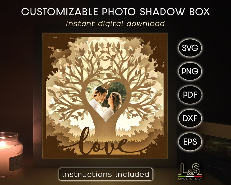 Customizable light shadow box design with heart tree. This love light box template is customizable with a photo. This couple shadow box includes SVG, PNG, PDF, DXF and EPS files. Size 8x8 inches.