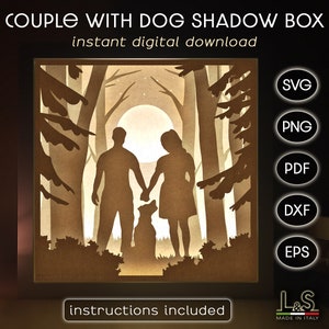 Pareja con archivos svg de caja de sombras de perro para Cricut, Caja de luz en capas svg, Caja de sombras de perro svg, Plantilla de caja de luz 3D, Patrón de caja de sombra iluminada
