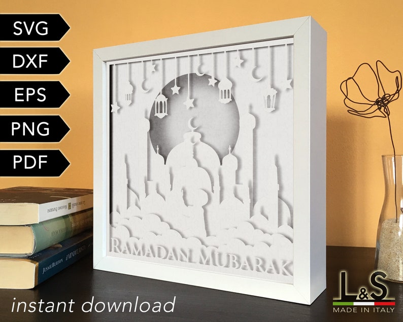 3D light box design for Ramadan with boy praying. This Islamic shadow box template includes SVG, PNG, PDF, DXF and EPS files for cutting machines and laser cut. Size 8x8 inches.