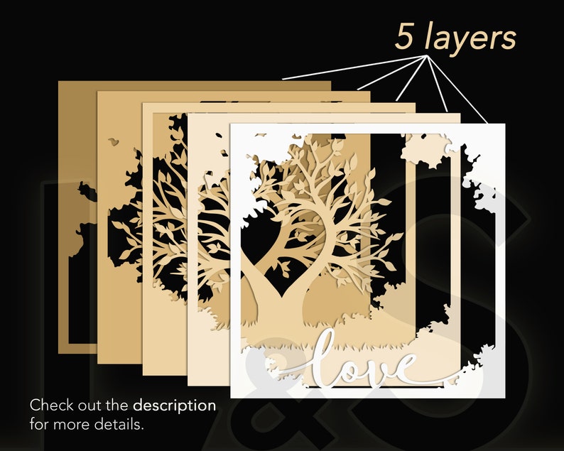 Layered heart tree shadow box svg cut files download with 5 layers.