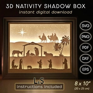 Könnte beinhalten: Ein digitaler Download einer 3D-Schattenbox mit der Weihnachtsgeschichte, die eine Silhouette der Weihnachtsgeschichte mit einem Stern, Palmen und Kamelen zeigt. Das Bild enthält Anweisungen und ist in den Formaten SVG, PNG, PDF, DXF und EPS verfügbar. Die Schattenbox ist 8 Zoll mal 10 Zoll (20 cm mal 25 cm) groß.