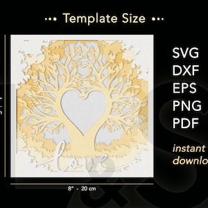 3D heart tree shadow box svg cut files instant download. Size 8x8 inches, square shadow box template.