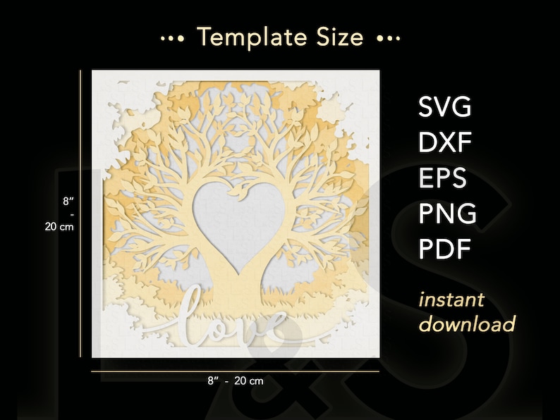3D heart tree shadow box svg cut files instant download. Size 8x8 inches, square shadow box template.