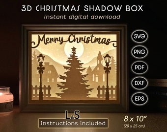 Merry Christmas Shadow Box Design, Christmas Light Box Svg, 3D Layered Christmas Tree Svg, Winter Shadowbox Svg, Papercut Lightbox Template