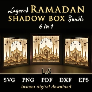 3D light shadow box bundle for Ramadan with 6 different Islamic designs. This Islamic light box template includes SVG, PNG, PDF, DXF and EPS files for cutting machines and laser cut. Size 8x8 inches.