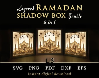 Islamische Schattenbox-Svg-Bundle, 3D Lightbox Muster, geschichtete Schattenbox, Papierschnitt-Leuchtbox-Vorlage, Ramadan Papierhandwerk