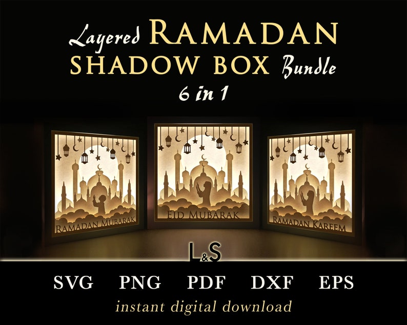 3D light shadow box bundle for Ramadan with 6 different Islamic designs. This Islamic light box template includes SVG, PNG, PDF, DXF and EPS files for cutting machines and laser cut. Size 8x8 inches.