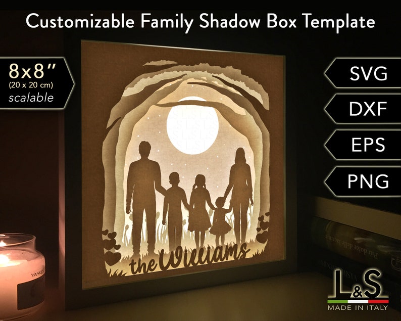 Layered shadow box design with family. This family portrait shadowbox svg template includes SVG, PNG, DXF and EPS files for cutting machines and laser cut. Size 8x8 inches.