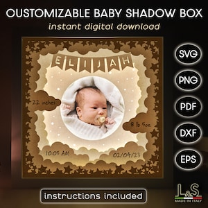 Nuova scatola ombra per bambini personalizzabile Svg Cricut, modello Shadowbox neonato, Lightbox Svg, cornice per foto per bambini Svg, cornice per foto personalizzata per bambini