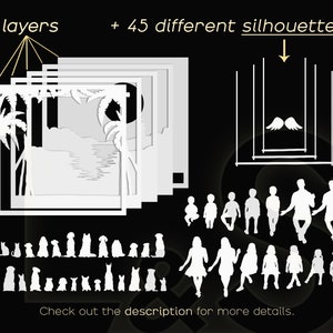 This family portrait shadow box template is composed of 5 layers and can be customized with 45 different family members and family name or any other text. Instructions are included for Cricut and Silhouette cutting machines.