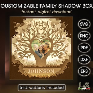 Customizable light shadow box design with family tree. This family light box template is customizable with name and photo. This family tree shadow box includes SVG, PNG, PDF, DXF and EPS files. Size 8x8 inches.