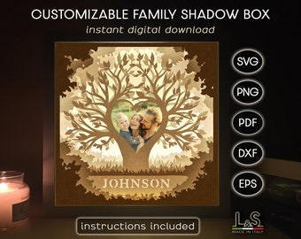 Customizable Family Tree Photo Frame Svg, Family Shadow Box Svg Cricut, Wedding Shadowbox Art, Personalized Lightbox Svg, Light Box Template