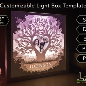 Customizable lighted shadow box design with family tree. This family lightbox template is customizable with photo and text. This family tree light box includes SVG, PNG, PDF, DXF and EPS files. Size 8x8 inches.