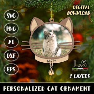 Ornement de chat personnalisé Svg, ornement de Noël personnalisable fichier découpé au laser, ornement photo, modèle en papier découpé, décoration de Noël à faire soi-même