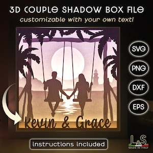 Caixa de Sombras Personalizável SVG para Casamento, Arquivo SVG LightBox 3D para Dia dos Namorados, Caixa de Sombras para Casal SVG, Modelo de Caixa de Luz para Amor, Presente de Aniversário em Papel