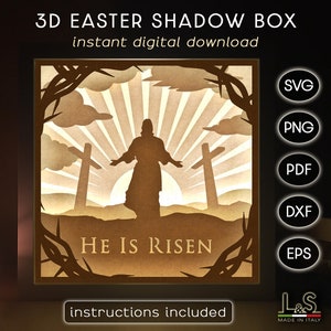 Fichiers Svg Shadow Box Il est ressuscité, modèle de caisson lumineux de Pâques en couches, art 3D Jesus Shadowbox, Svg papier découpé, caisson résurrection