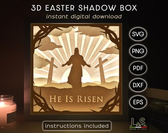 He is Risen Shadow Box Svg Files, Layered Easter Light Box Template, 3D Jesus Shadowbox Art, Paper Cut Lightbox Svg, Resurrection Shadow Box