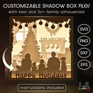 Family Shadow Box Svg Cricut, Shadowbox Art Svg personalizzabile, Lightbox natalizia Svg, Modello Lightbox 3D, File di taglio natalizio a strati