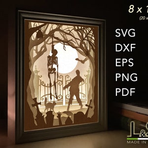 3D light box design with a zombie in a cemetery. This Halloween shadow box template includes SVG, PNG, PDF, DXF and EPS files for cutting machines and laser cut. Size 8x10 inches.