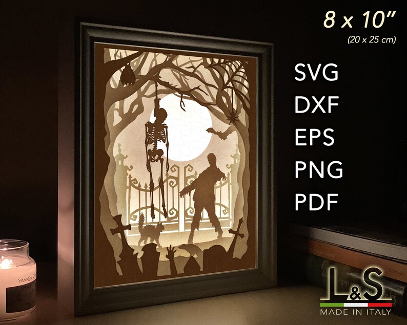 3D light box design with a zombie in a cemetery. This Halloween shadow box template includes SVG, PNG, PDF, DXF and EPS files for cutting machines and laser cut. Size 8x10 inches.