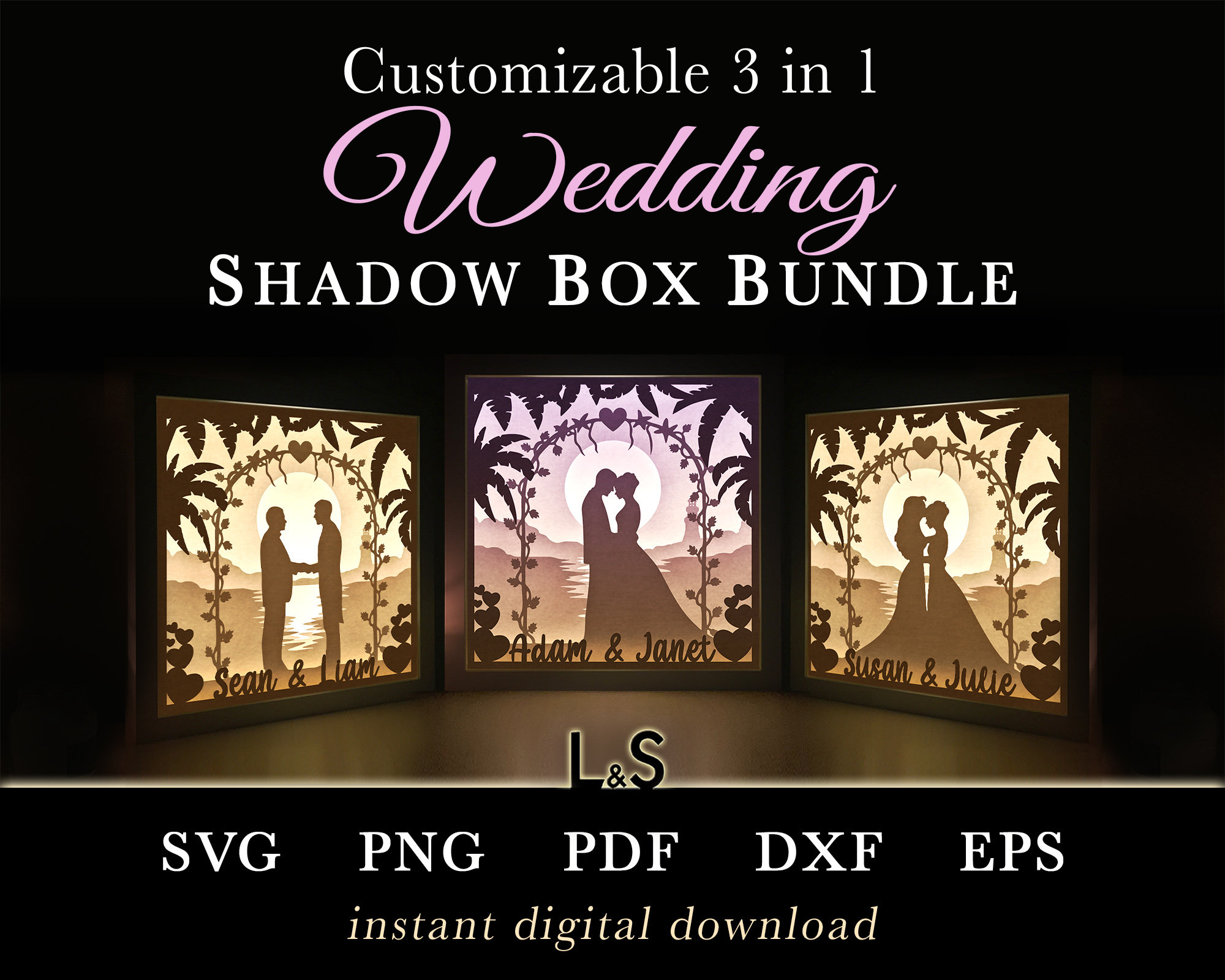 Personalized Wedding Shadow Box Svg Bundle, Gay Anniversary Shadowbox Svg, Lesbian Wedding Svg Lightbox Art, Paper Cut Light Box Template