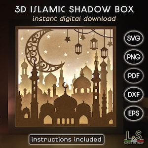 3D light shadow box design for Ramadan. This Islamic light box template includes SVG, PNG, PDF, DXF and EPS files for cutting machines and laser cut. Size 8x8 inches.