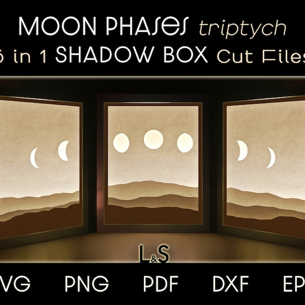 Moon Shadow Box Svg Bundle, 3D Lightbox Svg, Moon Phases Svg, Layered Shadowbox Art, Paper Cut Light Box Template, Modern Triptych Wall Art