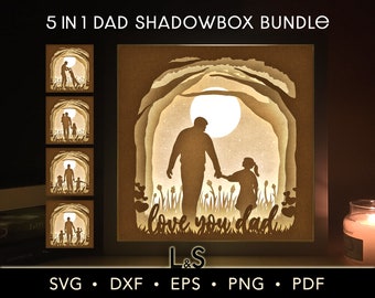 Dad and Kids Shadow Box Template 5 in 1 Light Box for Father's Day, SVG Night Light Cut File Download