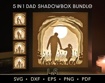 Dad and Kids Shadow Box Template 5 in 1 Light Box for Father&#39;s Day, SVG Night Light Cut File Download