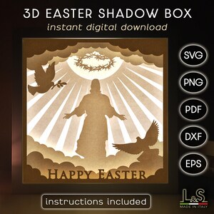 3D light shadow box design with Jesus resurrection and doves at sunrise. This Easter light box template includes SVG, PNG, PDF, DXF and EPS files for cutting machines and laser cut. Size 8x8 inches.