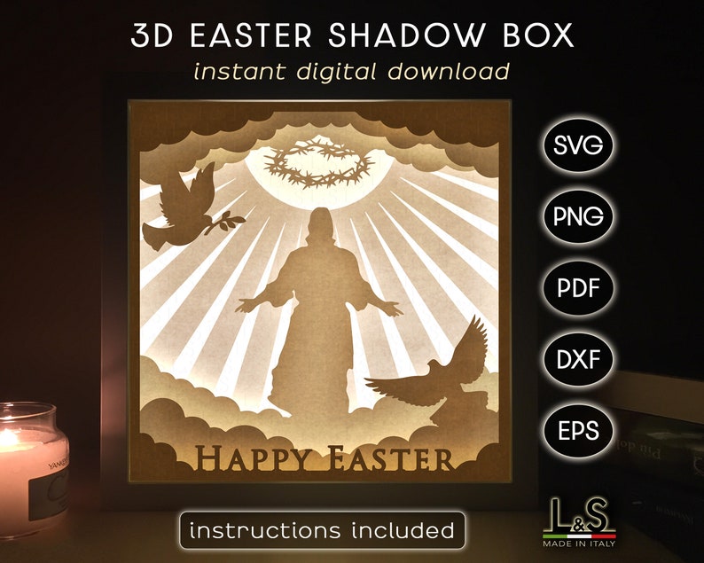 3D light shadow box design with Jesus resurrection and doves at sunrise. This Easter light box template includes SVG, PNG, PDF, DXF and EPS files for cutting machines and laser cut. Size 8x8 inches.